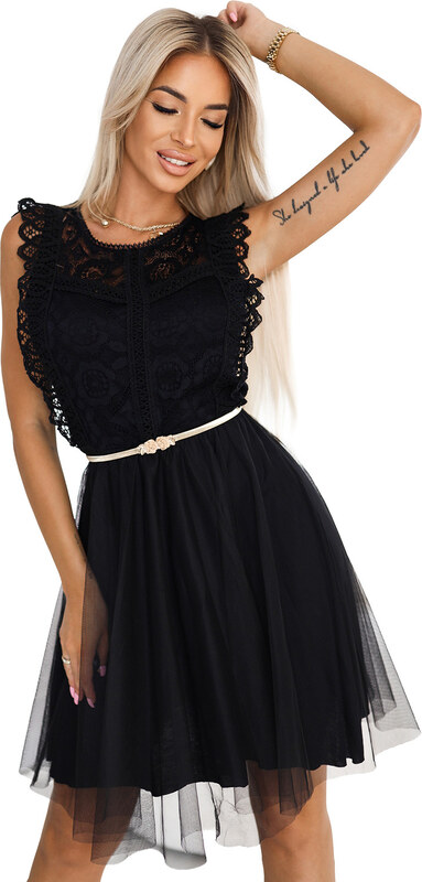 numoco basic 454-5 ČIERNE čipkované šaty GRETA s tylovou sukňou a zlatým opaskom