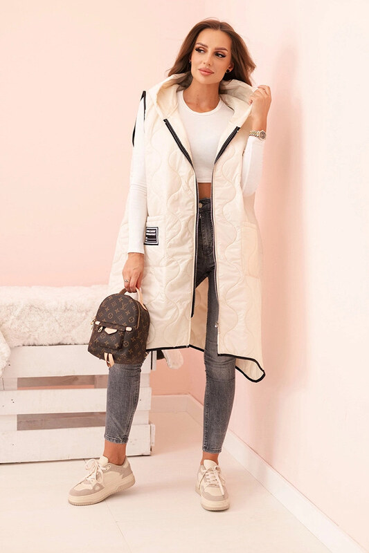 K-Fashion Dámske Plus veľkosť prešívaná vesta s kapucňou na zips svetlo béžová