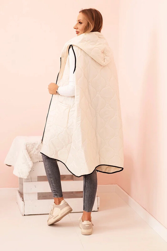 K-Fashion Dámske Plus veľkosť prešívaná vesta s kapucňou na zips svetlo béžová