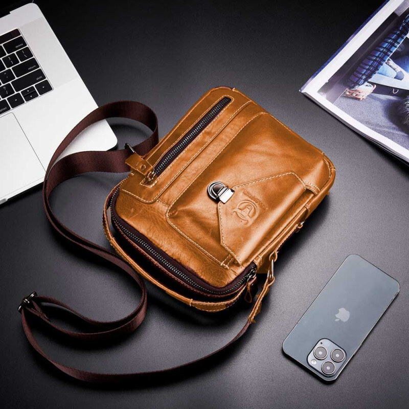 Bullcaptain pánska kožená taška s retiazkou Miltiade Khaki