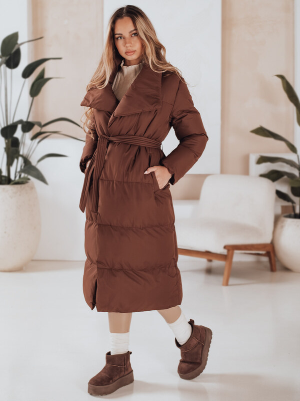 BASIC Hnedý dlhý dámsky prešívaný kabát s pásikom FAVI TY4962