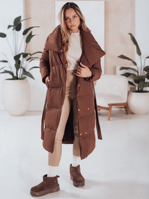 BASIC Hnedý dlhý dámsky prešívaný kabát s pásikom FAVI TY4962