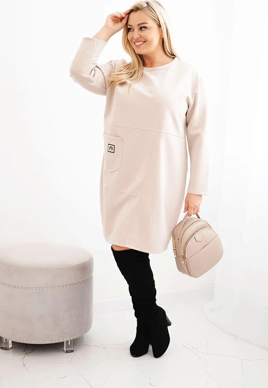 K-Fashion Dámske plus veľkosť maslové šaty s vreckom a 3/4 rukávmi béžová