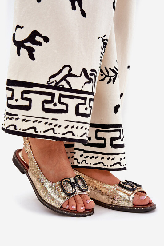 Boto Płaskie Sandały Z Ozdobą Eko Skórzane Złote Lilria