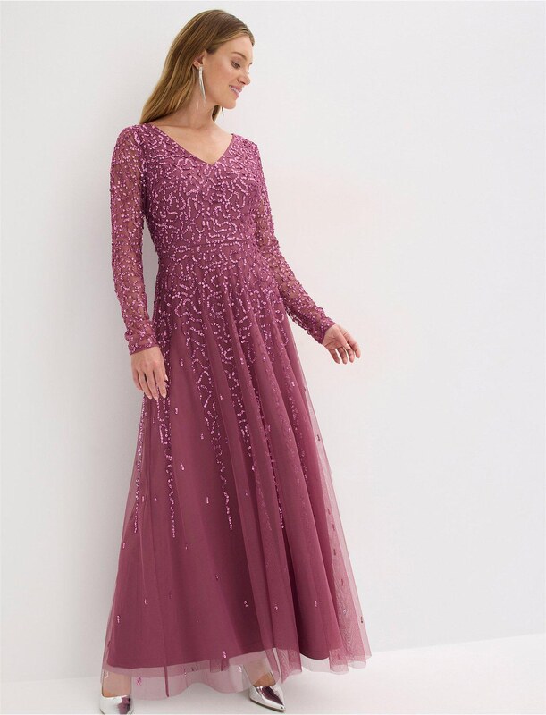 bonprix Večerné maxi šaty s flitrami, farba fialová