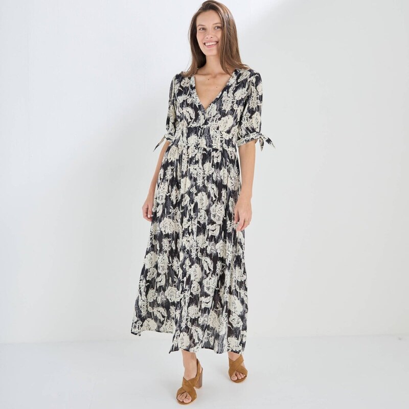 Dlhé rozšírené krepónové šaty na gombíky s potlačou čierna/biela 054 Blancheporte