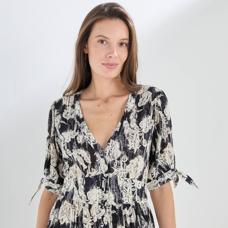 Dlhé rozšírené krepónové šaty na gombíky s potlačou čierna/biela 054 Blancheporte