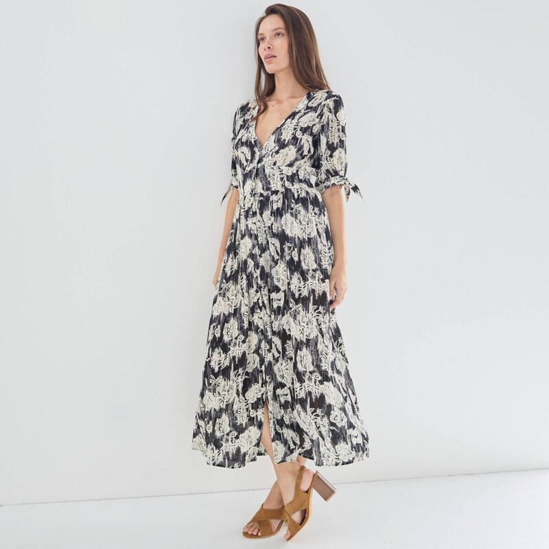 Dlhé rozšírené krepónové šaty na gombíky s potlačou čierna/biela 054 Blancheporte