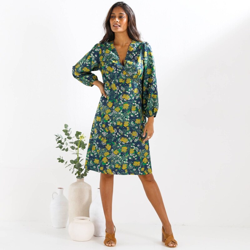 Krátke šaty s potlačou a zavinovacím výstrihom modrosivá 036 Blancheporte