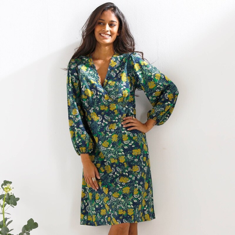 Krátke šaty s potlačou a zavinovacím výstrihom modrosivá 036 Blancheporte