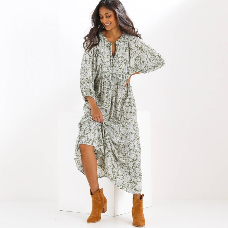 Dlhé krepónové rozšírené šaty s potlačou khaki 054 Blancheporte