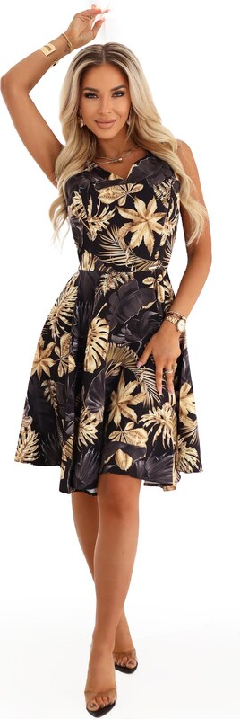 Numoco Čierne midi šaty s elegantným vrškom a rozšíreným spodným dielom - zlaté listy 114-18