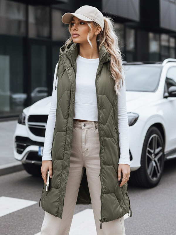 Dámska dlhá prešívaná zelená vesta FashionStreet TY5264