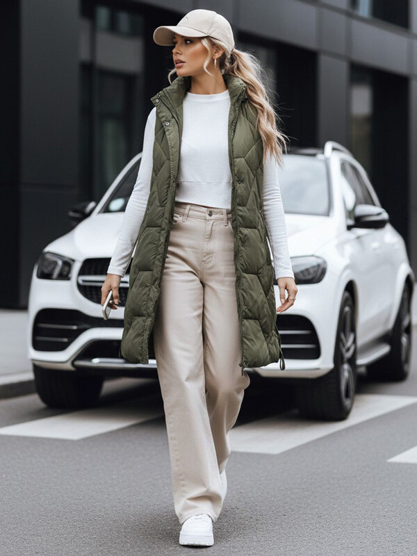 Dámska dlhá prešívaná zelená vesta FashionStreet TY5264