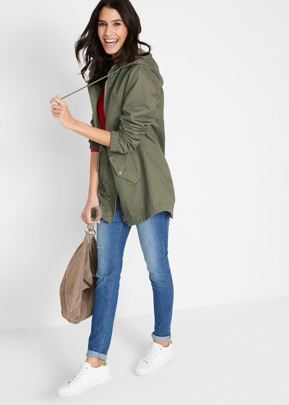 bonprix Prechodná bavlnená bunda s potlačenou kapucňou, farba zelená