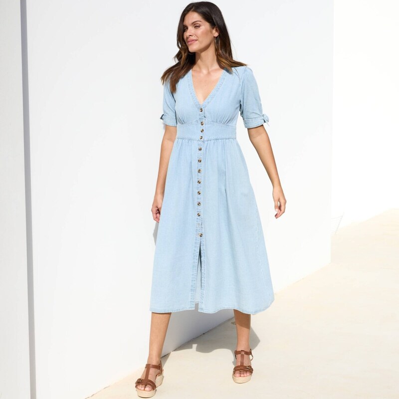 Dlhé rozšírené šaty z denimu na gombíky zapratá modrá 036 Blancheporte