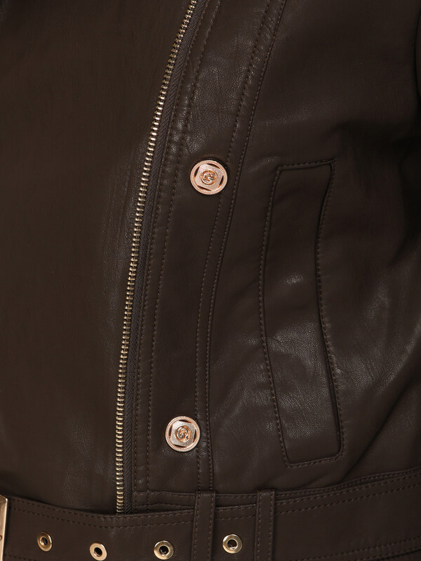 BASIC Dámska hnedá koženková bunda typu krivák so zipsami