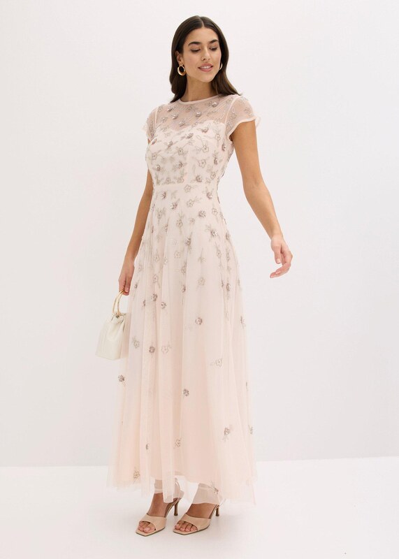 bonprix Večerné šaty z jemného tylu s flitrovanou výšivkou, farba ružová