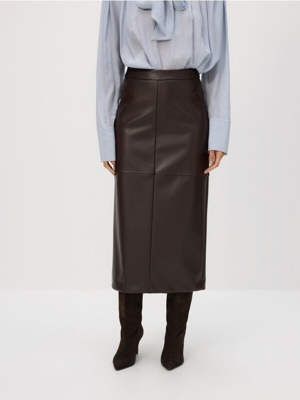 Reserved - Midi sukňa s rozparkom - hnedá