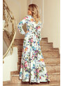 Numoco Dlhé šaty s volánikom a výstrihom - farebné ruže a modrí vtáci 245-1