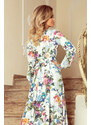 Numoco Dlhé šaty s volánikom a výstrihom - farebné ruže a modrí vtáci 245-1
