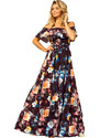 Numoco Dlhé šaty s volánmi - čierna + farebné kvety 194-3