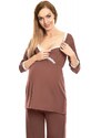 PreMamku Cappuccinové tehotenské a dojčiace pyžamo s nohavicami a tričkom s dlhým rukávom s výstrihom