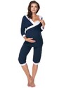 PreMamku Tehotenské a dojčiace pyžamo s 3/4 nohavicami s brušným panelom a tričkom s 3/4 rukávom s výstrihom - tmavomodré/biele