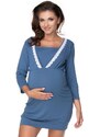 PreMamku Modrá tehotenská a dojčiaca nočná košeľa na kŕmenie s 3/4 rukávmi a ozdobnou čipkou