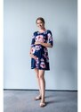 PreMamku Modré kvetinové šaty pre tehotné a dojčiace ženy s 3/4 rukávmi