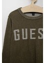 Detský bavlnený sveter Guess zelená farba, tenký
