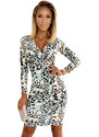 Numoco Zúžené šaty s vreckovým výstrihom a dlhým rukávom - zelená leopardia potlač 387-3