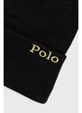 Čiapka s prímesou vlny Polo Ralph Lauren čierna farba, z hrubej pleteniny,