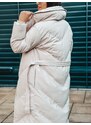 Webmoda Dámska predĺžená prešívaná zimná bunda s opaskom - béžová