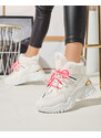 MSMG Biele dámske športové tenisky s kožušinou a neónovo ružovými šnúrkami Sagglo- Obuv - Neon || Růžový || Bílý