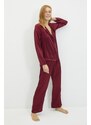 Trendyol Burgundy New Year Themed Embroidered Satin Shirt-Pants Woven Pajama Set