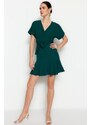Trendyol Collection Zelená sukňa s volánom s opaskom, dvojradový golier, mini tkané šaty