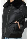 Trendyol čierny golier s plyšovým detailným kabátom z umelej kože