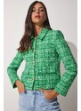 Happiness İstanbul Women's Green Gold Buttoned Tweed Woven Jacket