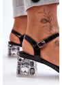 S. Barski Čierne kožené sandále s farebnými kryštálmi a zdobenými podpätkami