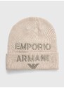 Detská čiapka s prímesou vlny Emporio Armani béžová farba biela
