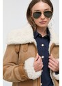 Kožená bunda MICHAEL Michael Kors dámska, béžová farba, prechodná