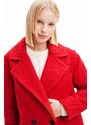 Kabát Desigual dámsky, červená farba, prechodný, dvojradový