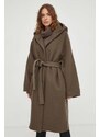 Vlnený kabát Samsoe Samsoe hnedá farba, prechodný, oversize