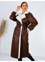 Webmoda Dámsky dlhý koženkový zateplený zimný kabát s opaskom - hnedý