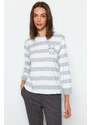 Trendyol Gray Striped Animal Print Tshirt-Pants and Knitted Pajamas Set