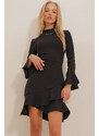 Trend Alaçatı Stili Dámska čierna sukňa s vysokým golierom a balónovými rukávmi potápačské šaty