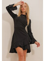 Trend Alaçatı Stili Dámska čierna sukňa s vysokým golierom a balónovými rukávmi potápačské šaty