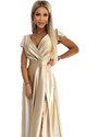 Numoco CRYSTAL saténové dlhé šaty s výstrihom - zlaté 411-7