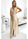 Numoco CRYSTAL saténové dlhé šaty s výstrihom - zlaté 411-7